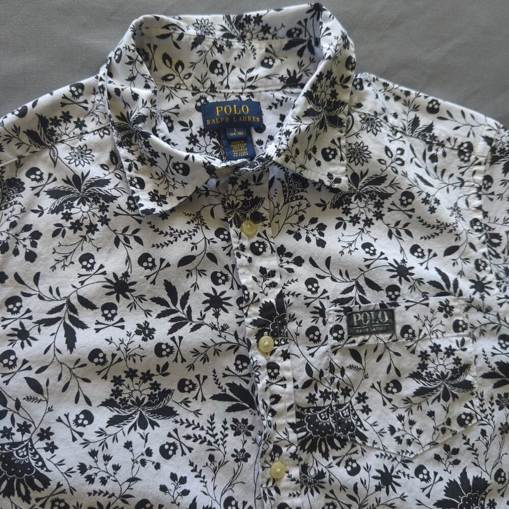 Polo Ralph Lauren Skull Floral Print Button Up Shirt Youth L Goth - Picture 4 of 4